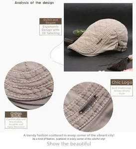 Detail of khaki cotton flat cap with quilted diamond pattern and metallic side logo