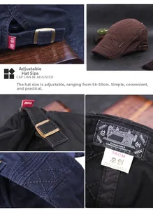 Detail of adjustable metal buckle and inner size label on a cotton canvas beret cap