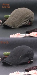 Detail view of cotton beret caps in army green and black with diamond quilting and metal tag