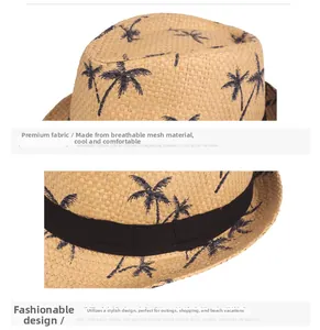 Detail view of breathable woven straw fedora with blue coconut tree print design
