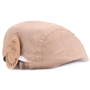 Adjustable khaki cotton flat cap with metal buckle and premium twill stitching detail