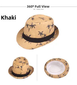 Detailed views of khaki straw fedora with black palm tree patterns and inner lining