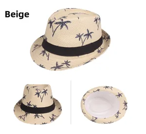 Beige straw fedora hat featuring blue palm tree prints and a black ribbon band
