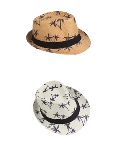 Detail showing breathable straw fedora hats with tropical coconut tree print patterns