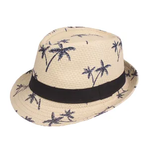 Summer Parent-Child Fedora Paper Straw Hat For Men Women Kids Tropical Palm Tree Print Breathable Beach Sun Hat With Black Ribbon