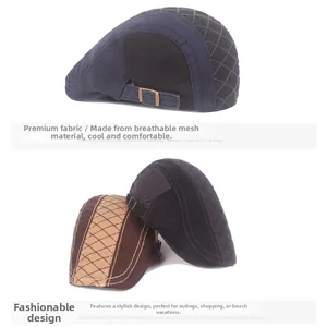 Detail view of mesh beret hat featuring metal adjustment buckle and breathable fabric