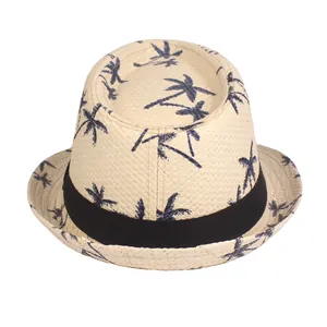 Beige straw fedora hat with black ribbon and blue palm tree prints for summer beach sun protection