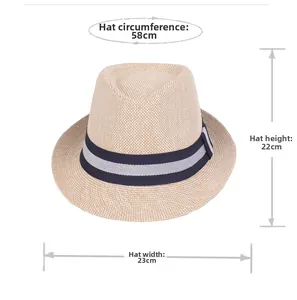 Detailed dimensions of the woven straw fedora hat featuring a stylish striped band