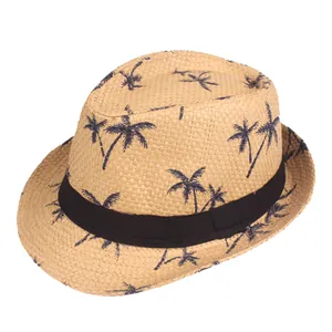 Summer straw fedora hat for parents and kids with tropical blue palm tree prints