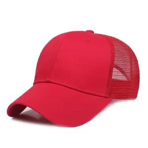 Solid red mesh trucker hat with a curved brim and breathable mesh back for outdoor sun protection