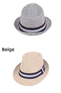Detailed view of woven fedora hats in beige and blue-white with striped ribbon bands