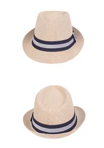 Detail showing two beige woven straw fedora hats with striped ribbons on white background