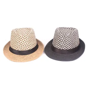Detail of woven straw fedora hats featuring geometric triangle patterns and black ribbon