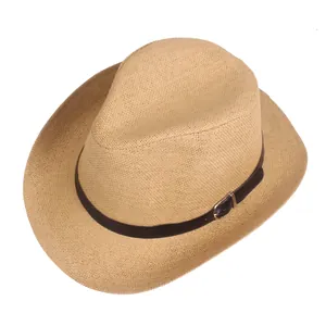 Klassieke kaki strooien fedora hoed met een stijlvolle bruine leren band voor zonbescherming