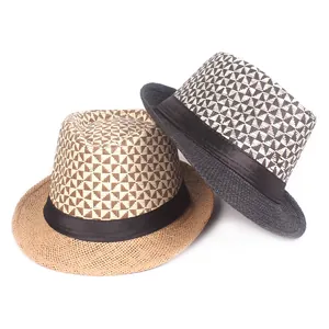 Classic straw fedora hats in khaki and charcoal grey with geometric woven patterns