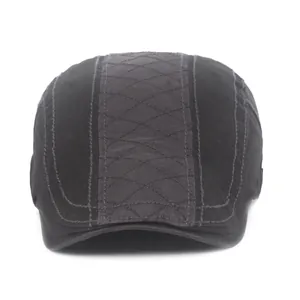 Classic black cotton beret cap for men featuring quilted diamond stitching on top