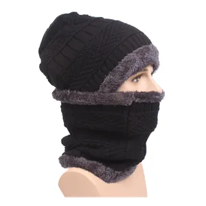 Men's winter knit beanie and neck gaiter set with thick fleece lining in black