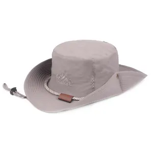 Grey quick-dry sun hat with mountain embroidery and adjustable windproof chin strap