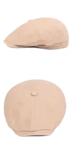 Detailed top and side views of beige cotton newsboy cap with classic eight-panel stitching