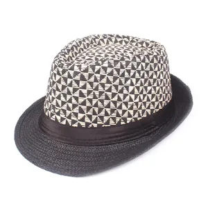 Unisex Retro Paper Straw Fedora Hat Geometric Pattern Breathable Summer Sun Hat Casual Jazz Hat With Black Ribbon Decoration