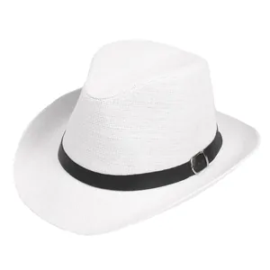 Classic white straw panama hat with black faux leather band and metal buckle detail