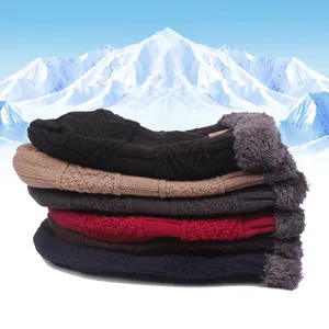 Winter fleece-lined cable knit beanies in multiple colors shown against snowy peaks