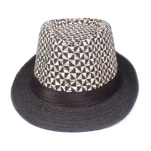 Unisex fedora hat with black and white geometric weave and black decorative ribbon band