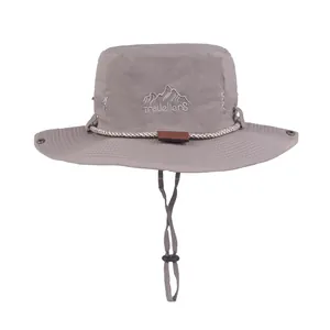 Quick-dry light grey outdoor sun hat with wide brim and adjustable chin strap