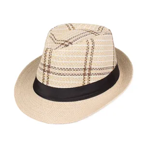 Cappello Fedora di Paglia Estivo da Uomo Stile Britannico a Quadri Intrecciato in Carta Con Nastro Nero per Spiaggia Viaggi Accessorio Quotidiano