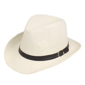 Classic cream woven straw panama hat with black faux leather band and metal buckle