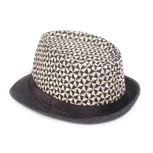 Mens black and white patterned fedora hat with a black satin ribbon on a white background