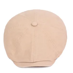 Classic khaki cotton newsboy cap with eight-panel design and top button for men