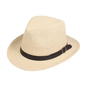 Straw fedora hat in cream with black faux leather band and silver metal buckle