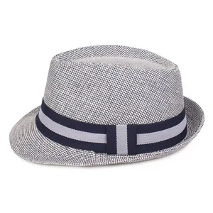 Classic two-tone woven fedora hat with navy band and breathable sun protection design