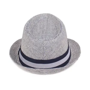 Classic straw fedora hat in beige and navy weave with a striped decorative band