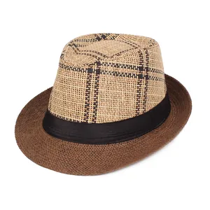 Cappello fedora da uomo in paglia a quadretti con tesa marrone e nastro nero