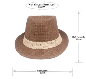 Detailed size chart of brown straw fedora with 58cm circumference and 13cm height