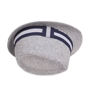 Mens woven straw fedora hat with navy striped ribbon band on white background
