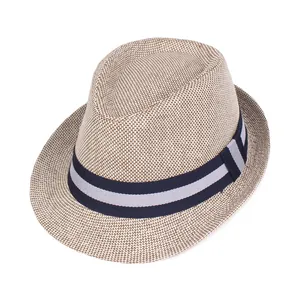 Straw fedora hat with blue and white striped band for summer sun protection