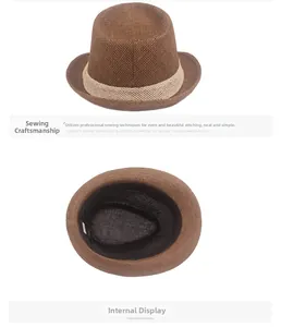 Detail of sewing craftsmanship and inner black sweatband on brown woven sun hat