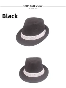 Detail of black straw fedora hat featuring a beige hollowed-out decorative band