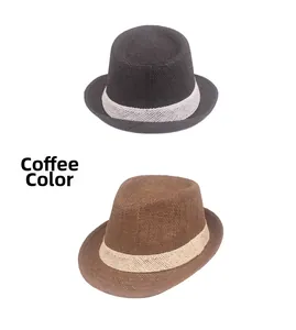Detail of woven straw fedora hats in coffee and dark grey colors with decorative bands