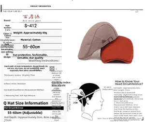 Gedetailleerde maattabel en specificaties van de verstelbare katoenen baret in bruin