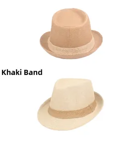 Close-up of khaki decorative band on breathable woven straw sun hats in two colors