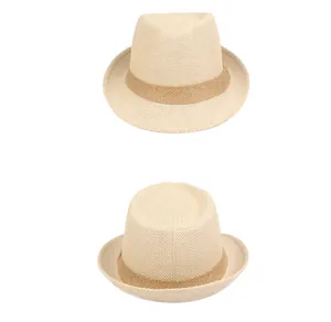 Detailed close-up of woven straw fedora hat texture and dark brown decorative band