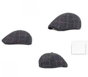 Three-angle views showing thick plaid texture and 3D cut of the dark grey cotton beret hat
