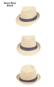 Three-angle views showing woven texture and navy blue band of the straw fedora hat