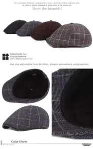 Detail view of the adjustable buckle on the plaid beret with size range 56-59cm