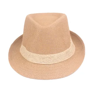 Classic men's khaki straw fedora hat with breathable mesh band for sun protection