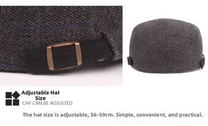 Detail of adjustable metal buckle on grey herringbone flat cap for sizes 56-59cm